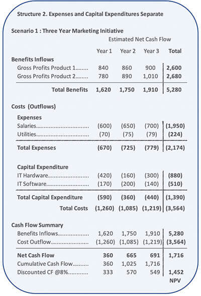 Cash flow statement structure that separates expenses from capital expenditures