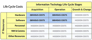 Cost model appropriate for IT systems TCO, identifying obvious costs and hidden costs