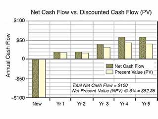 Vertical bar chart for net cash flow and net present value stream. Net cash flow and net present value on the same bar chart