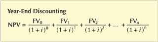 Net present value NPV for cash flow stream with year-end discounting.