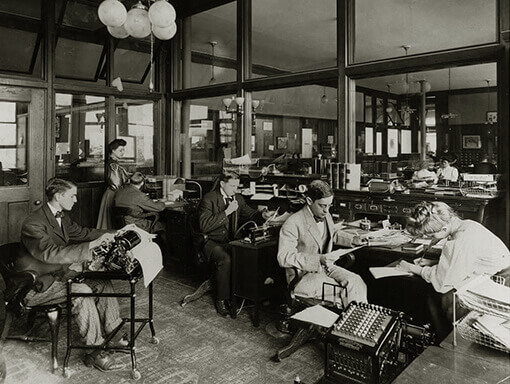 Accountanting office in 1907 Accrual accounting allows firms to claim receivables as assets.
