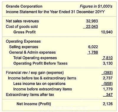 The Income Statement shows how revenues less expenses results in profits.