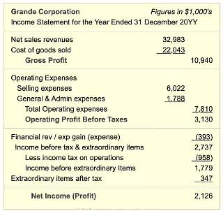 The Income Statement shows how revenues less expenses results in profits.